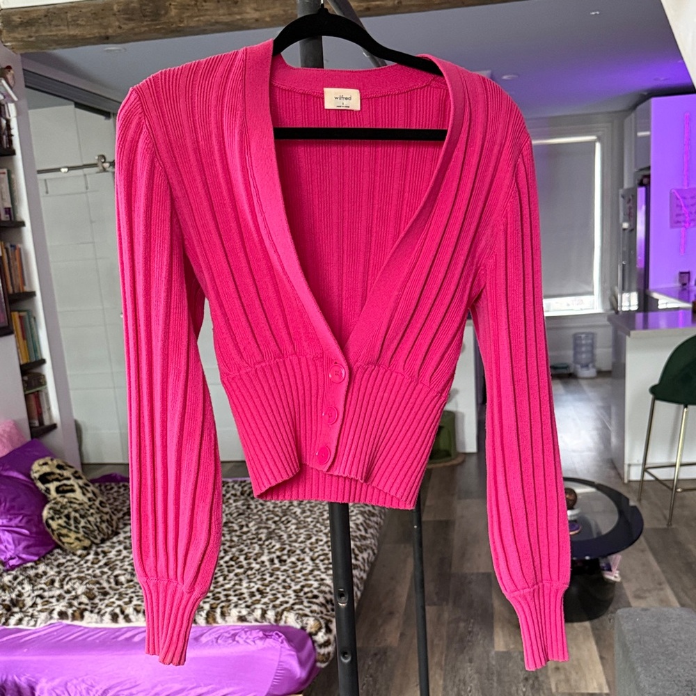 Babaton Balloon Sleeve Fuchsia Ribbed Cardigan